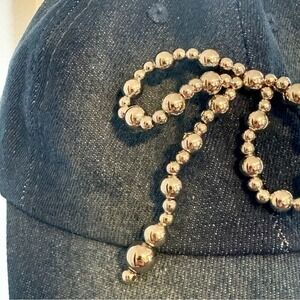 Fun denim blue adjustable hat women with silver bead bow tie NWT